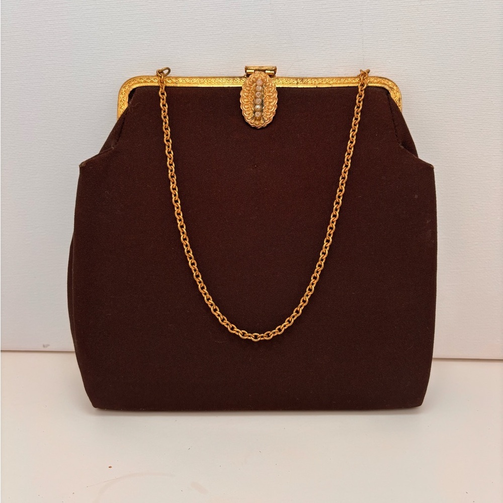 La Marquise Vintage Brown Clutch with Gold Accents